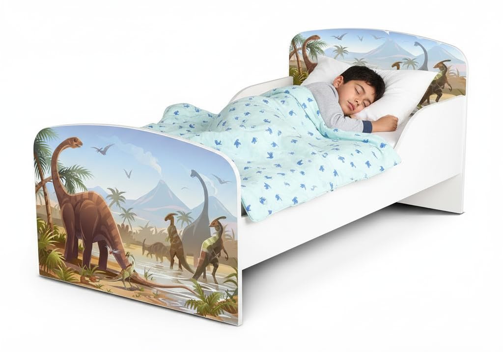 leomark Letto per bambini in legno, lettino con materasso, magnifiche stampe, spazio per dormire 140x70 cm, mobili per bambini, rete a doghe, atrezzatura stanza per bambino, motivo: DINOSAURI