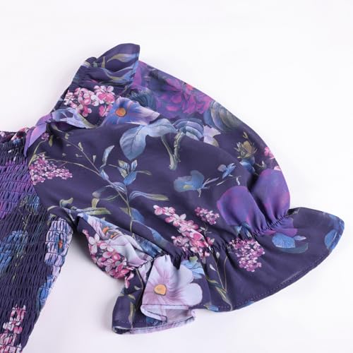 Image of Scarlet Darkness Floral Dress for Women Summer Puff Sleeve Square Neck A Line Flowy Wedding Guest Tea Party Dresses