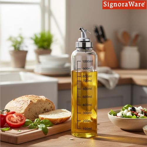 Image of SignoraWare Eze Flow Borosilicate Glass Oil Dispenser | Measurement Marking | Wide Bottleneck for Easy Reffiling | Lock Nozzle Lid | Essential oils | Grilling | Home & Restaurant use (1 ltr | Clear)