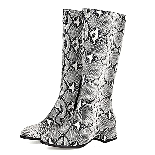 Snakeskin Knee High Low Heel Boots Women Colorful Snake Print Boots Round Toe Side Zipper Block Chunky Heel Boots2