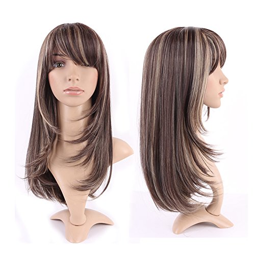 Long Synthetic Wig with Bang 2 Tone Japanese Kanekalon Fiber 70 Styles Heat Resistant Full Wig Full Head for Women Girls Lady Fashion and Beauty,20.5'' / 20.5 inch,Brown blonde mix