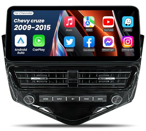 Car Stereo for Chevrolet Cruze 2009-2015,12.3 inch 8 Core GPS Navigation Built-in Wireless Car-Play Android Auto, 2.5D Tempered Touch Screen QLED Display Support BT FM AM Head Unit, 4GB RAM 64GB ROM