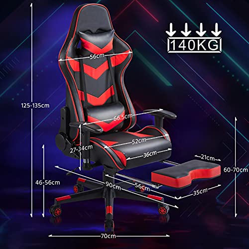 Sedia da Gaming Ergonomica Lombare con Poggiapiedi Schienale Alto Reclinabile 180° Poltrona Gamer Ufficio Girevole Imbottita in Ecopelle con Braccioli Regolabili Portata 140 kg Nera/Rossa - Sedia gaming - Immagine 2