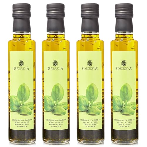 La Chinata Condimento de Aceite de Oliva Virgen Extra con Hojas Frescas de Albahaca – Sabor Suave y Refrescante – Ideal para Pastas, Pescados y Ensaladas – 250 ml (Pack 4)