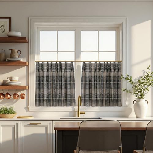Image of TWOPAGES Pinch Pleat Plaid Print Cafe Curtains, Raisin, 42W x 36L