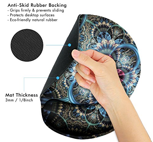 Fantasy Fractal Florals Ergonomic Design Mouse Pad With Wrist Rest Hand Support. Round Large Mousing Area. Matching Microfiber Cleaning Cloth For Glasses & Screens. Great For Gaming & Work #TOP2