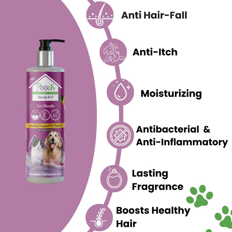 POOCH Premium Onion Female Shampoo 400ml| Designed in Dubai | Naturally Sci-Fi 3in1 | for Anti-Hair Fall, Anti-Itching, Moisturizing| Natural Extract of Onion| Soothing Relief, Hydration Hero 3