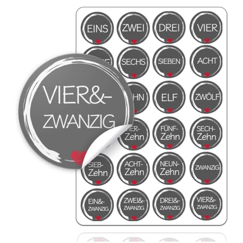 Adventskalender Weihnachten Aufkleber Etiketten Sticker Zahlen Buttons 1-24 DIY selbstklebend zum basteln mit Kraftpapiertüten (Edition 1)