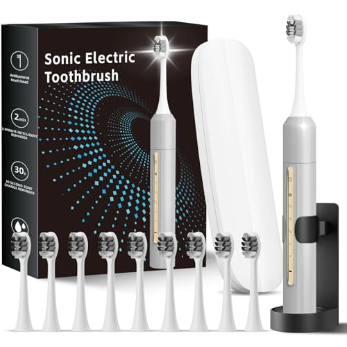 Lumivoid Sonic Electric Toothbrush for Adults & Kids - 10 Brush Heads, 90-Day Battery, 5 Modes, 2-Min Timer, IPX8 Waterproof, Rechargeable & Travel-Friendly (Silver)