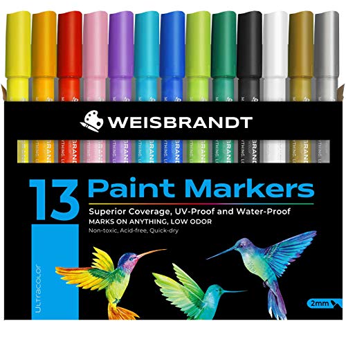 WEISBRANDT Acrylic Paint Marker Pens for Rock Painting, Paper, Plastic, Ceramic, Glass, Wood, Metal, Scrapbooking Craft, Card Making, Canvas. Water-Based, Non-Toxic, Quick Dry, Medium Tip, 13 Colors