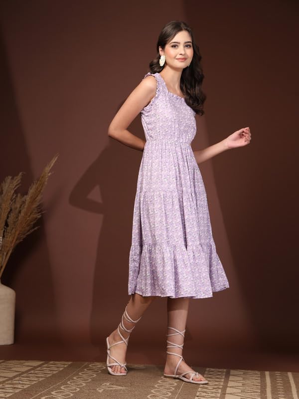 Image of Daevish New Rayon Floral Printed Flared Midi Dress for Women | Women Calf Length Dress