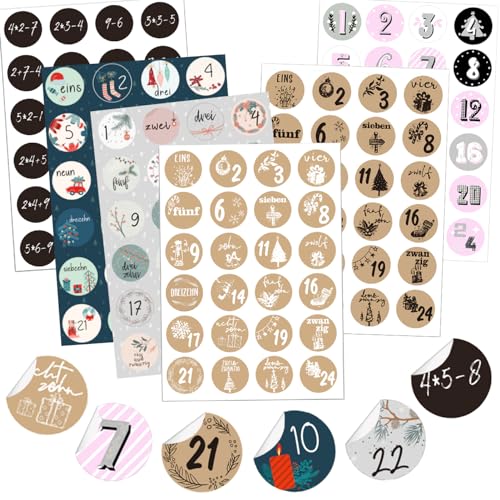 KOHMUI Adventskalender Zahlen Aufkleber, 6 x 24 Adventszahlen Stickers für Weihnachten Kalender zum selber basteln und Verzieren, Geschenkaufkleber selbstklebend Etiketten