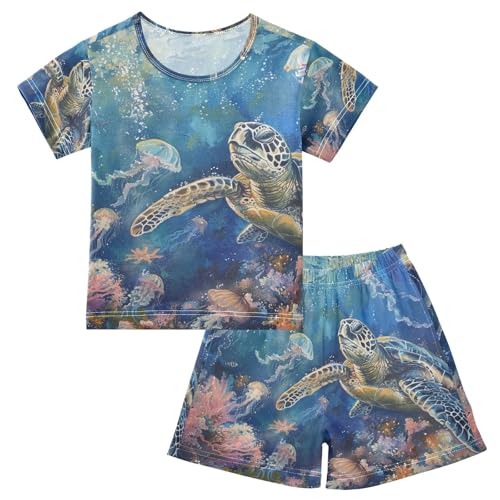 ALAZA Turtle Jellyfish Coral Pajama Set Short Sleeve Sleepwear Soft Lounge Nightwear