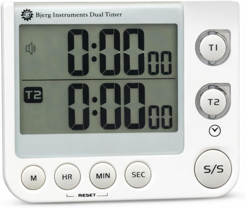 Bjerg Instruments Dual Digital Kitchen Timer – Count Up & Countdown Timer with Large LCD Display, Magnetic Back, Loud Alarm, Stand-Up Design (White)