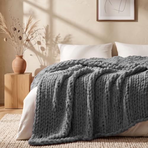 Image of L'AGRATY Chunky Knit Throw Blanket for Couch, 50 x 70 Inches, Dark Grey