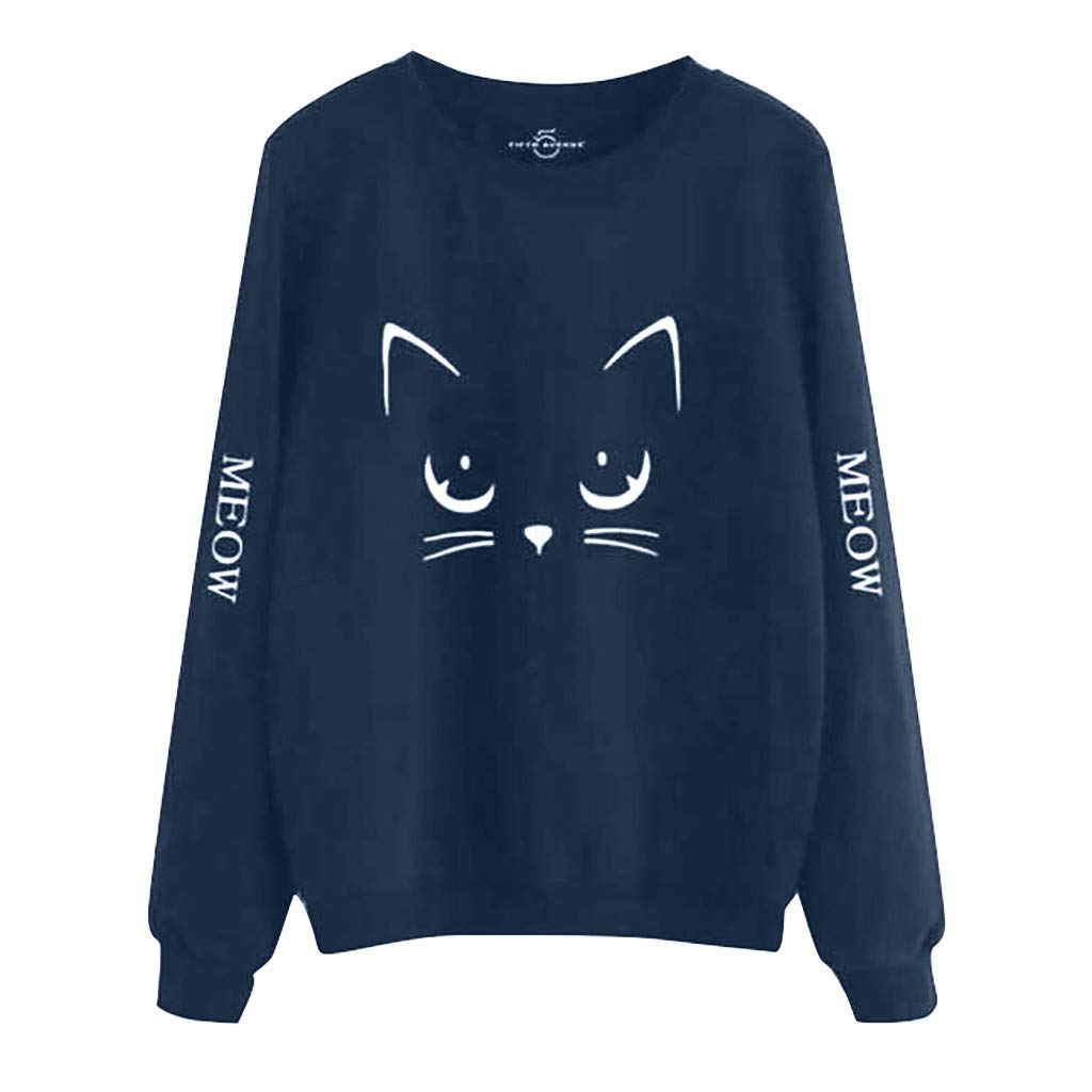 Meow Womens Long Sleeve Casual Cat Print Pullover Sweatshirt Tops Rikay Tops Blouse Shirt Jumper Jacket 3 Colors S-XL