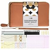 Cash Envelope Wallet Brown All in One Budget System RFID Blocking with 12x Tabbed Cash Envelopes, 12x Monthly Budget Cards,1x Yearly budget planner sheet Complete Money Organizer Set for Cash