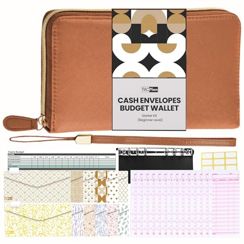 Image of Three Way Cut Cash Envelope Wallet Brown All in One Budget System RFID Blocking with 12x Tabbed Envelopes 12x Monthly Budget Cards 1x Yearly Budget Planner Sheet Complete Money Organizer Set