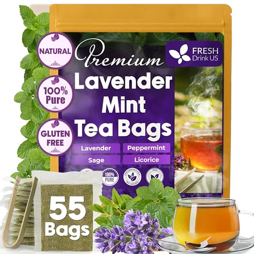 Image of FreshDrinkUS, Premium 55 Tea Bags Lavender Mint Tea, 100% Natural, Blend of Lavender, Peppermint, Sage and Licorice. Made with Natural Material Tea Bags. No Sugar, No Caffeine, Vegan.