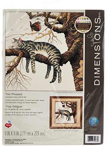 Image of Dimensions 'Too Pooped' Sleeping Cat Counted Cross Stitch Kit, 14 Count Ivory Aida, 11 inch x 11 inch, Small