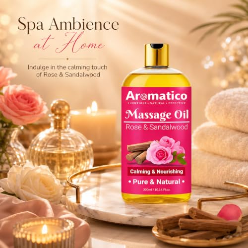Image of AROMATICO Rose & Sandalwood Massage Oil - Rose Massage Oil with Sandalwood, Almond & Jojoba for Body Relaxation & Skin Nourishment | 300ml