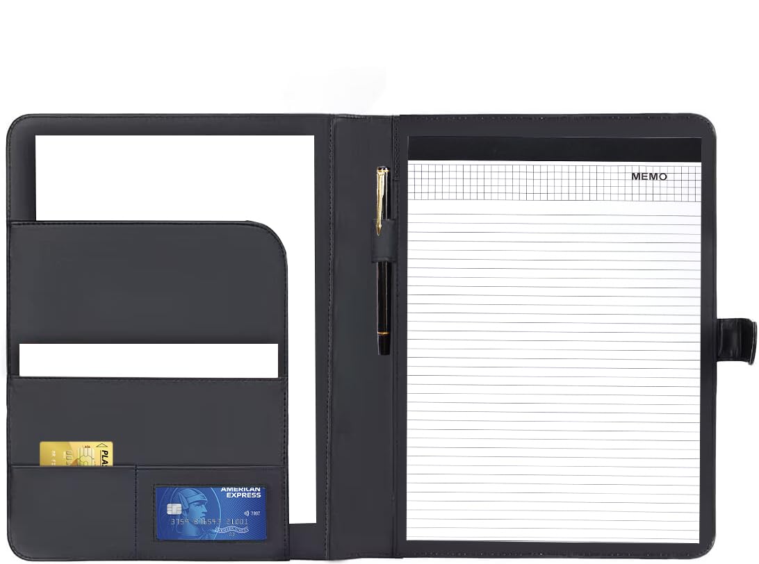 Leathario A4 Conference Folder Portfolio Document Folder with Writing Pad Black
