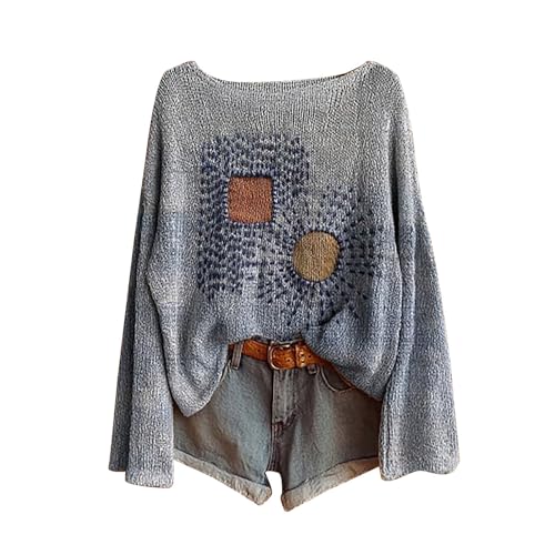 Womens Boho Tops Vintage Graphic Print Long Sleeve Pullover Fall Sweatshirt Knit Sweater Casual Plus Size