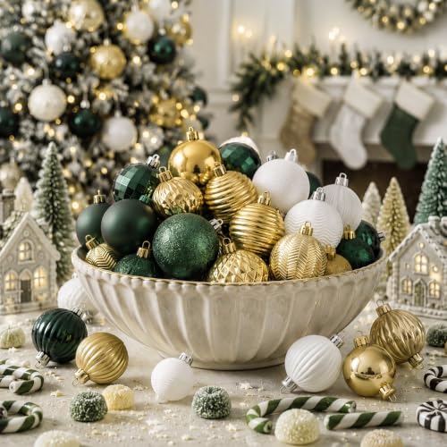 Image of Lunmon 64 Pcs Christmas Ball Ornaments Emerald Green Champagne Gold White