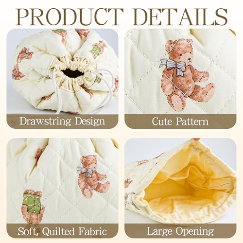 Quilted Makeup Bag for Women, Coquette Aesthetic Cosmetic Bag, Cute Travel Toiletry Bag, Cotton Drawstring Pouch for Women and Girls3