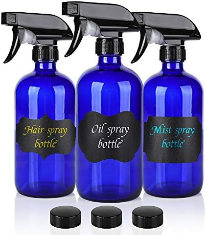 Glass Spray Bottle，Empty Cobalt Blue Spray Bottle Refillable Containers, 16oz Spray Bottles for Essential Oils, Cleaning, Aromatherapy, Durable Black Trigger Sprayer Fine Mist and Stream（3 Pack）
