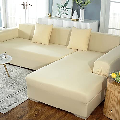 Yidaxing Funda para Sofás Chaise Longue Elásticas, 2 Piezas Cubre Fundas de Sofá Ajustables de Forma L Extraíbles Lavables con 2 Fundas de Almohada Elásticas Protector(Beige, 1 Plazas+2 Plazas)