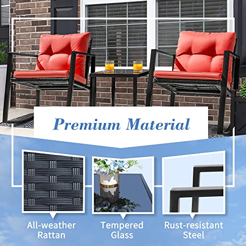 Flamaker 3 Pieces Patio Furniture Set Rocking Wicker Bistro Sets Modern Outdoor Rocking Chair Furniture Sets Clearance Cushioned Pe Rattan Chairs Conversation Sets With Coffee Table (Red) #TOP2