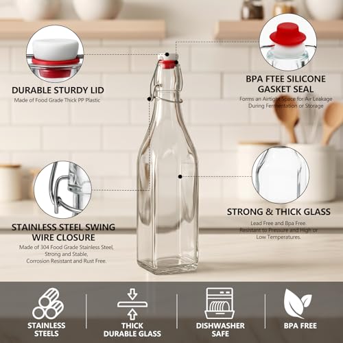 Ruckae Square Swing Top Glass Bottles with Lids Kombucha Coquito Flip Top Glass Bottle for Syrup Vanilla Extract Brew Beer Kefir Air Tight Bottles for Gift (32 oz 4 pack) by Ruckae - Image 4