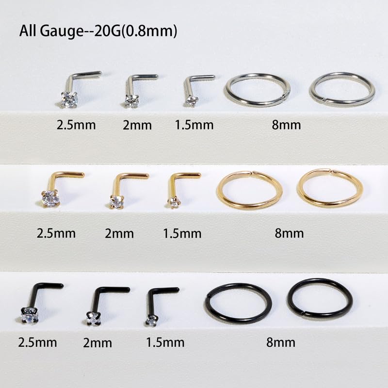 Titanium Nose Rings Hoops Studs 20G 15PCS L Shaped Screw Bone 1.5mm 2mm 2.5mm Cubic Zirconia Small Silver Black Gold Hypoallergenic Piercing Jewelry for Women Men2