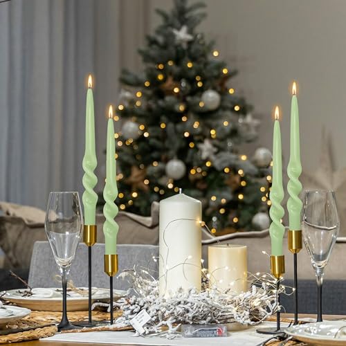 Image of Twisted Taper Candle Smokeless Green Spiral Candlesticks 9.5 Inch Unscented Handmade Dinner Candles Set for Holiday Party Seasons Home Decoration 2 Pcs