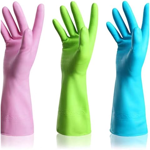 SHOWCOLOUR 3 Pairs of rubber gloves, reusable, cleaning gloves, non-slip latex dishwashing gloves, waterproof household gloves for bathroom kitchen dishwashing((COLOUR, L) Cover
