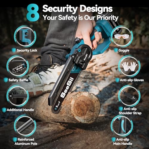 Image of Seesii 2 in 1 Cordless 8 inch Pole Saw & Mini Chainsaw with 2 Pack Replacement Chainsaw Chains