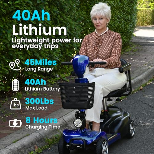 Image of 4 Wheel Mobility Scooters for Seniors - Up to 45 Miles Range,Folding Powered Mobility Scooter Device w /600WH Battery,Only 58 lb Weight, Dual Basket, 300 lb Capacity, Compact