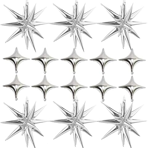 Silver Star Foil Balloons Kit with 6 Pack 12 Point Star Balloons Starburst Cone Balloons Spike Balloons and 10Pcs Four Pointed Star Balloos for Wedding Baby Shower Photo Booth Birthday Party Supplies Cover