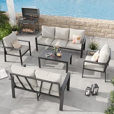 VONZOY 5 Pieces Aluminum Patio Furniture Set Deck Outdoor Furniture 7-Seat Patio Conversation Sets All-Weather Rust-Proof Sectional Sofa Set with Removable Cushion for Deck, Balcony, Yard, Poolside