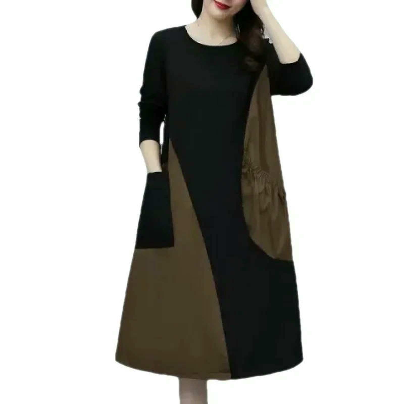 Vestiti a Maniche Lunghe Abito Blocco Colori da Donna, Pancia in Forma Sciolta Che Copre Il Maxi Abito, Autunnale Dimagrante alla Moda, Nuovo Vestito Casual di Arrivo