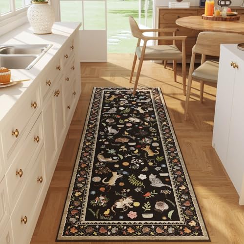 Runner Rug for Kitchen Non Slip 2'x6' Washable Rugs with Rubber Backing Soft Floral Animal Cat Carpet Runner for Kitchen Laundry Bedroom Bathroom, Black