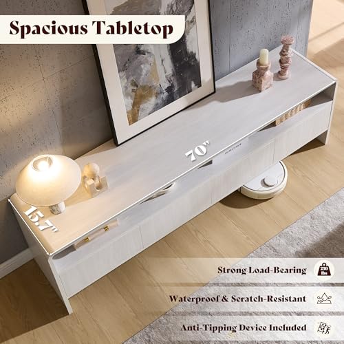 Image of AMERLIFE 70 inch Modern TV Stand for TVs Up to 80 inch, Wood TV Console with Curved Profile Design & 2 Storage Cabinets, Media Console Entertainment Center for Living Room, White