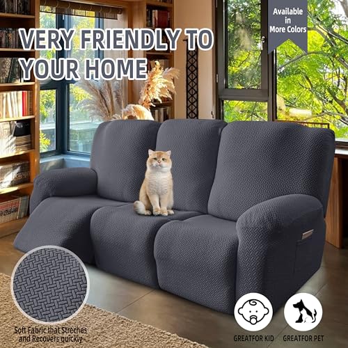 Image of Genina Recliner Sofa Covers - Stretch Reclining Couch Covers with Stripe Jacquard - 3 Seat Cushion Slipcovers with Soft Fabric - Furniture Protector for Pet Kid (Dark Gray)