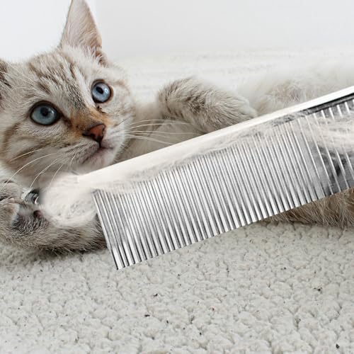 Image of Flezoo 2PCS 6.4 inch&7.5 inch Stainless Steel Pet Deshedding Brush & Grooming Comb | Rustproof Stainless Steel, Remove Loose Fur & Tangles, Gentle on Skin, For Dogs Cats All Hair Types, Easy Clean Grooming Tool