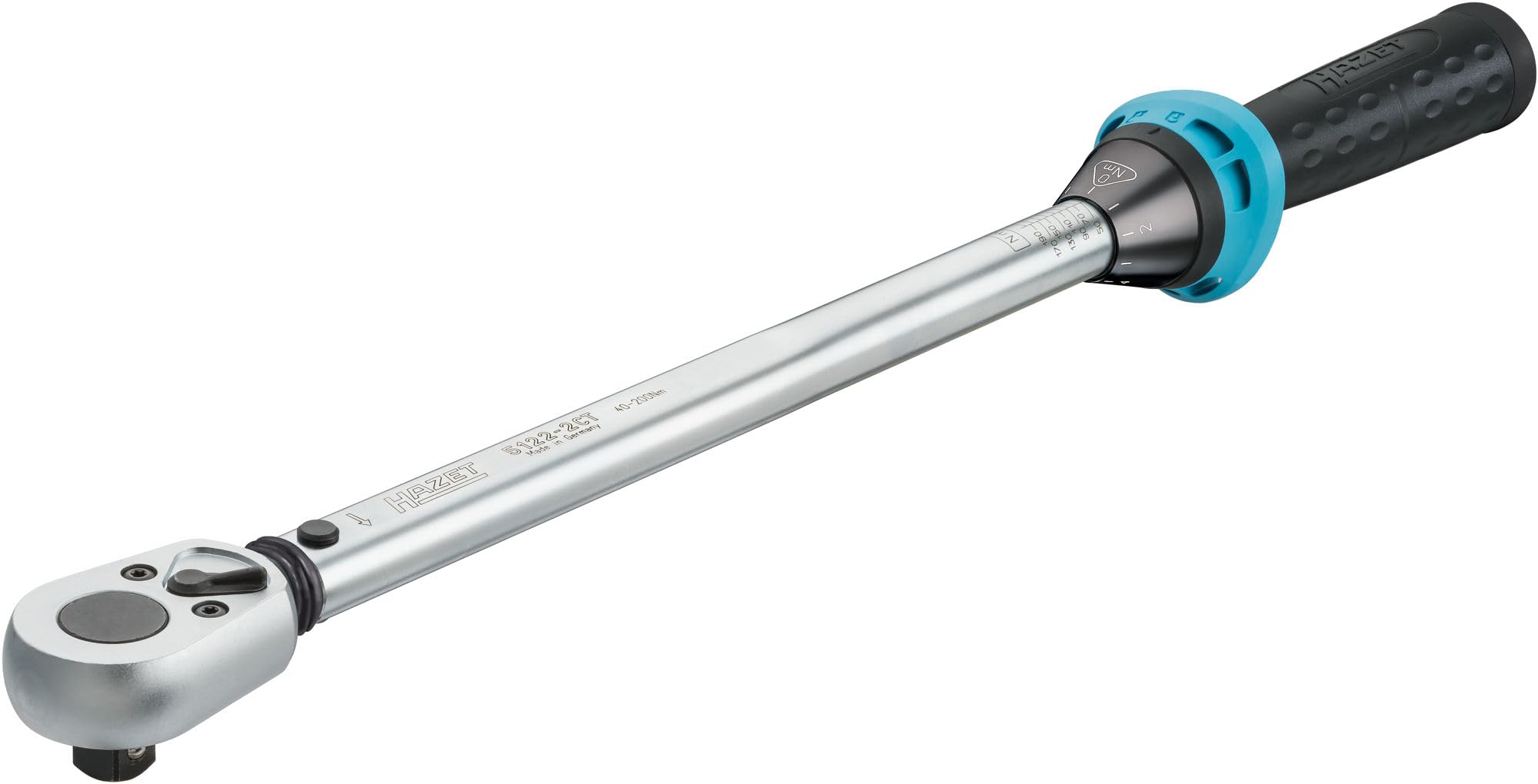 Hazet Drehmomentschlüssel 5122-2CT I Abtrieb: Vierkant 12,5 mm, 1/2 Zoll, Toleranz: 4%, 32 Zähne Betätigungswinkel 11,25 Grad I anwenderfreundliche Umschaltknarre für Auto und Fahrrad I 519mm