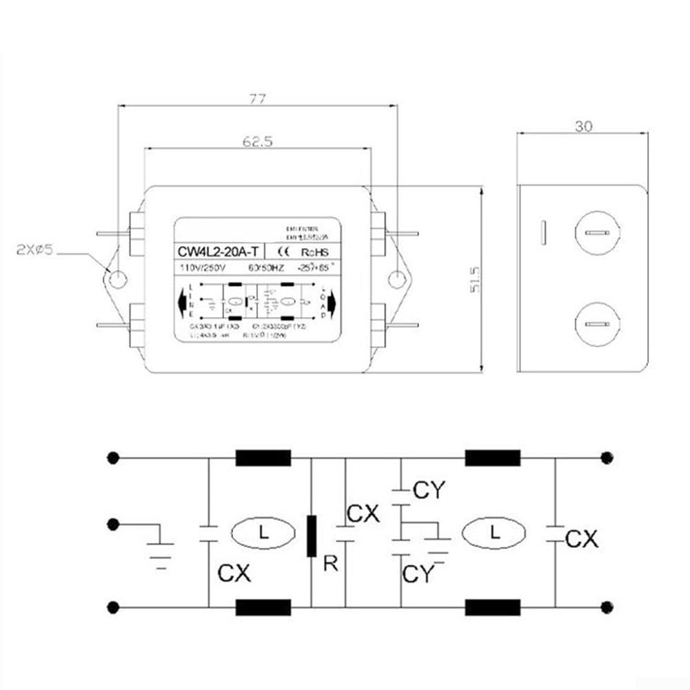 RANRAO Filtre d'alimentation pour EMI Filtre d'alimentation monophasé à double section 3A/6A/10A CW4L2-20A-T, Borne de filtre d'alimentation, Borne de filtre d'pour EMI, Filtre de ligne électrique