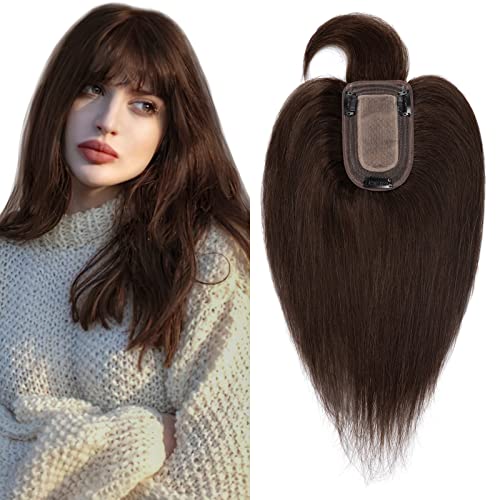 SEGO Hair Toppers for Women Real Human Hair with Thinning Hair, Toppers Hair Pieces Clip in Toppers Straight Hair Pieces with Bangs 150% Density Silk Base -6 Inch #2 Dark Brown