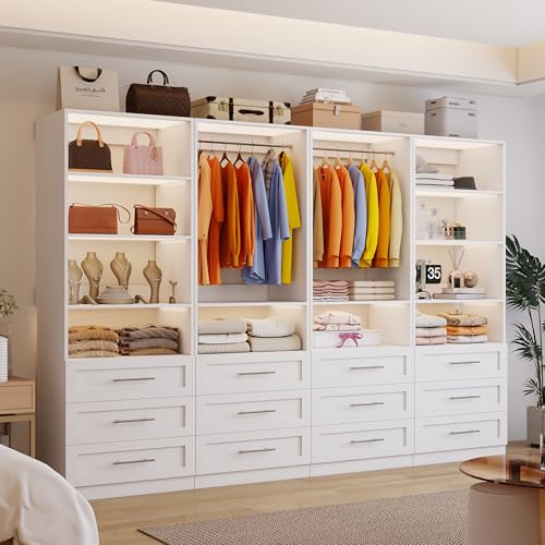 Image of Closet System with 12 Wooden Drawers, 8-21F Closet Organizer System, Walk-in Closet or Small Closet System with Shelves, Modular Closet Systems with 6 Expandable Hanging Rods, 4 Sets, White