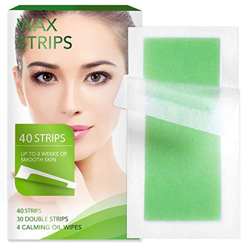 Nopunzel Facial Wax Strips - Hypoallergenic All Skin Types - Facial Hair Removal For Women - At Home Waxing Kit with 40 Face Wax Strips + 4 Calming Oil Wipes (40 Stripes)